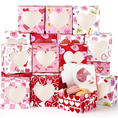 Dispowreath 24 Pcs Valentine's Day Treat Boxes Conversation Heart Cardboard Box with PVC Window Valentines Sweet Bakery Box Pink Red Paper Gift Container for Cookie Goodie Candy Wedding Party Favors