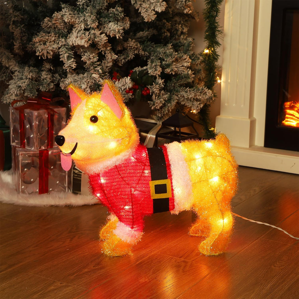 WATERGLIDE Christmas Outdoor Decoration Lighted Dog, 17 Inch Height Pre-Lit 3D Tinsel Cute Puppy Xmas Indoor Outside Holiday Decor with Clear Lights, Light Up & Plug in for Yard Garden Lawn Display