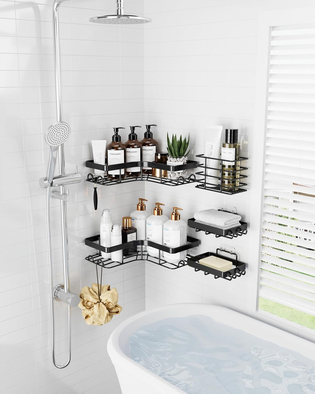 Sakugi Corner Shower Caddy - Rustproof 5-Pack Organizer with Soap & Toothbrush Holder | Large, Black