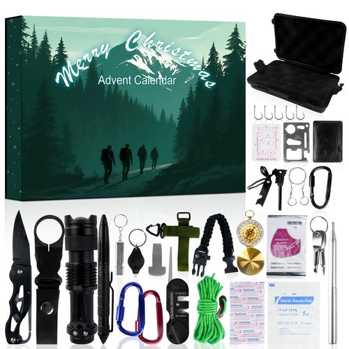 Survival Kit Advent Calendar 2025 - Christmas Countdown Calendar 24 Days, Advent Calendar for Men Adults Teen, Cool Emergency Survival Gears for Outdoor Camping Fishing Hunting Adventure