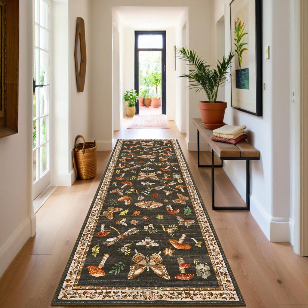 ROYHOME Mushroom Insect Washable Rug 2x6 Runners for Hallways, Boho Kitchen Runner Rugs Non Slip Bath Runner, Modern Bedroom, Soft Long Entryway Bathroom Laundry Dorm, Brown