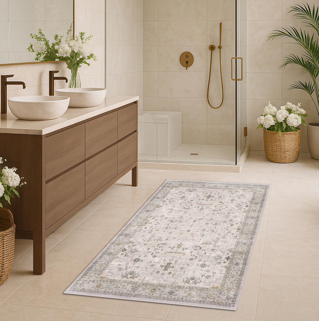 Regine Switzerland Large Boho Bathroom Rug - Washable Low Pile Floral Design in Light Grey