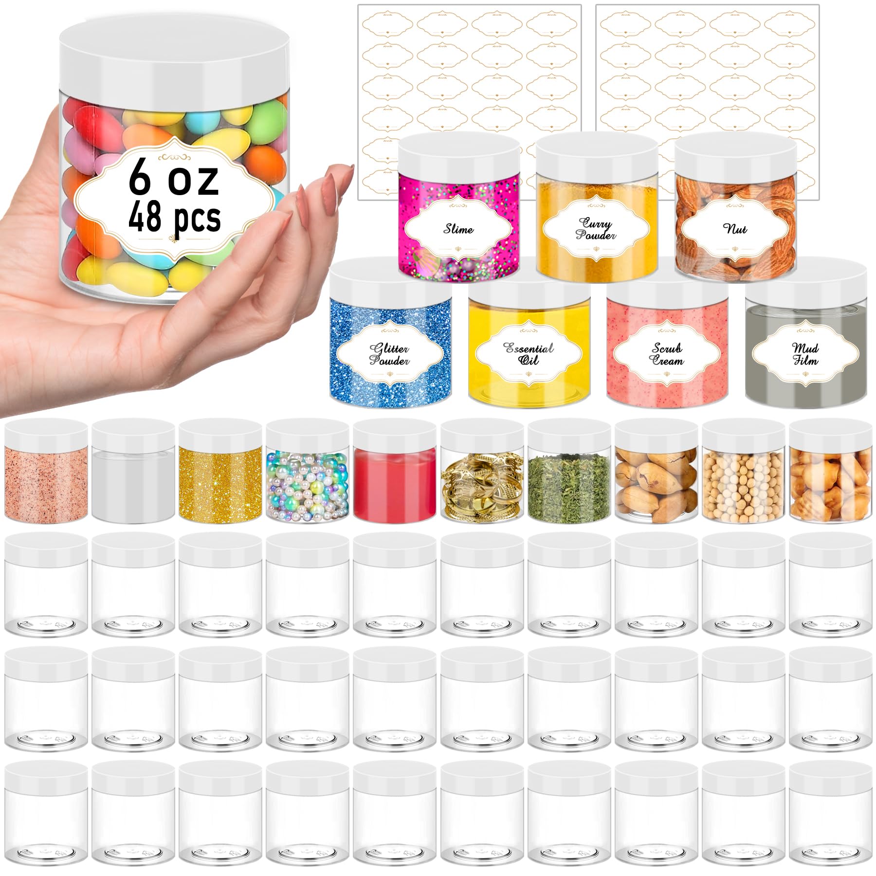 PeacePeo Plastic Jars 6 OZ, 48 Pcs Plastic Jars with Lids Round Wide Mouth Slime Containers with White Lids Empty Small Storage Jar for Travel, Home Kitchen Food, Arts Crafts
