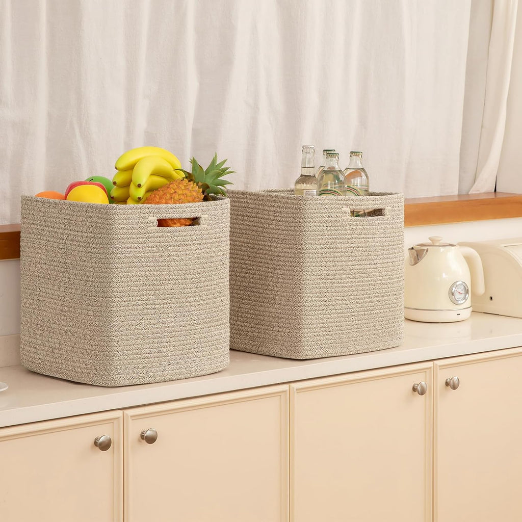 OIAHOMY Storage Cubes - 13-Inch Collapsible Organizer Bins for Shelves | Brown, 2-Pack