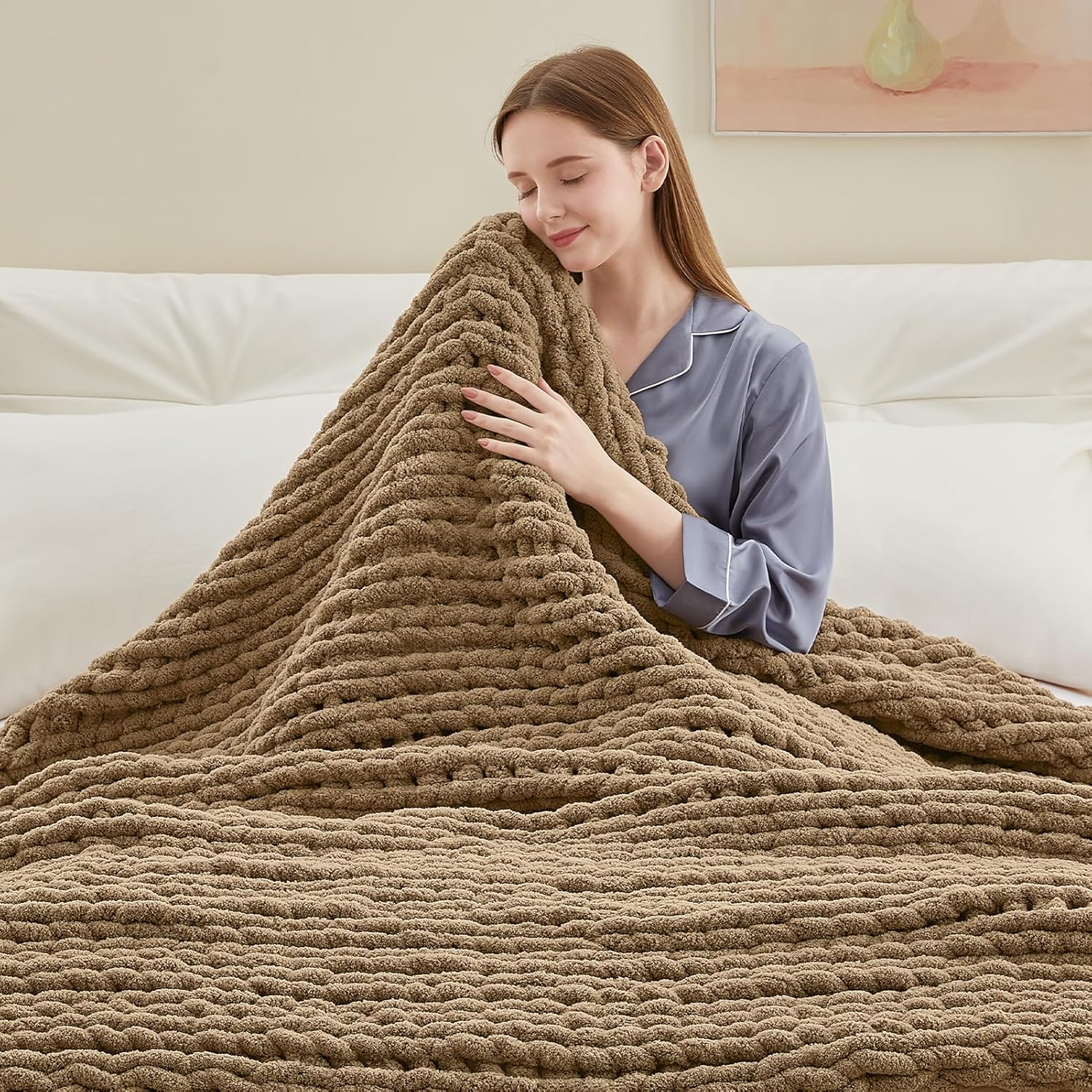 Negwoo Chunky Knit Throw Blanket - Handmade Light Brown Chenille Yarn | Soft & Comfy 40'' x 50'' Size