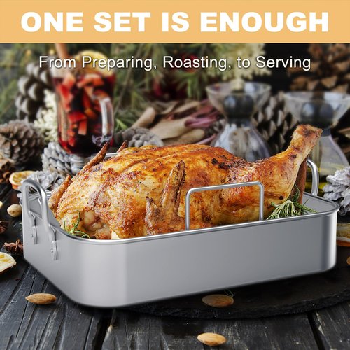 EWFEN Roasting Pan,17*13'' Stainless Steel Turkey Roaster with Rack - Deep Broiling Pan & V-shaped Rack & Flat Rack,Non-toxic & Heavy Duty,Great for Thanksgiving Christmas Roast Chicken Meat Lasagna