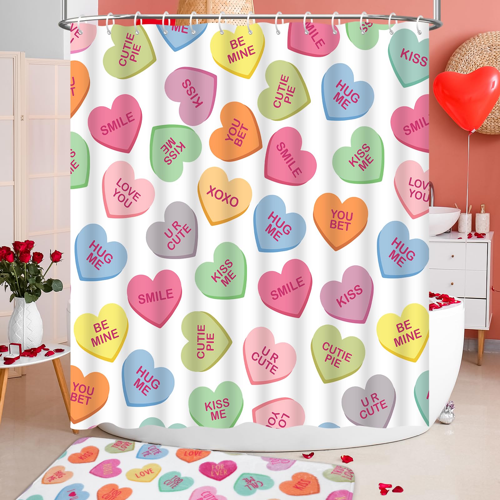 Hauwellter 4 Pcs Valentines Day Shower Curtain Sets, Pastel Heart Valentine Bathroom Set with Shower Curtains and Non Slip Rug Toilet Lid Cover U Shaped Bath Mat, Valentines Day Bathroom Decorations
