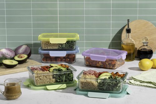 Ello Color Lock 5 Cup 10PC, 5 Pack Glass Meal Prep Sets Leak-Proof Glass Food Storage Containers with Airtight BPA-Free Plastic Lids, Dishwasher, Microwave, and Freezer Safe, Purple Rain