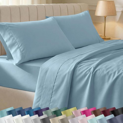 California Design Den Full Size Bed Sheet Set - 100% Cotton, 400 Thread Count, Silky Smooth Sateen, Deep Pockets - Sky Blue