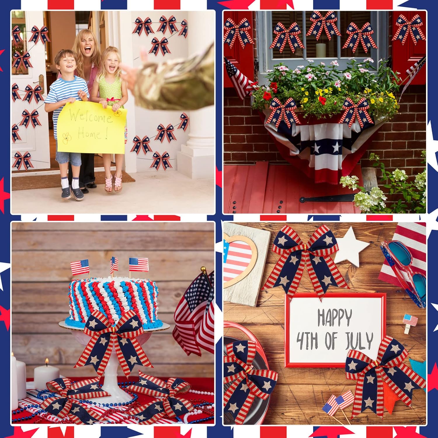 Skiennix 12 Pcs 4th of July Bows - Large Patriotic Burlap Decor for Independence Day | Red, White & Blue
