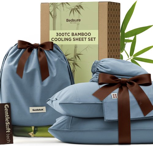 Bedsure Bamboo Viscose Cooling Sheets - Breathable & Buttery Soft Queen Size Set | Deep Pocket, Dusty Blue