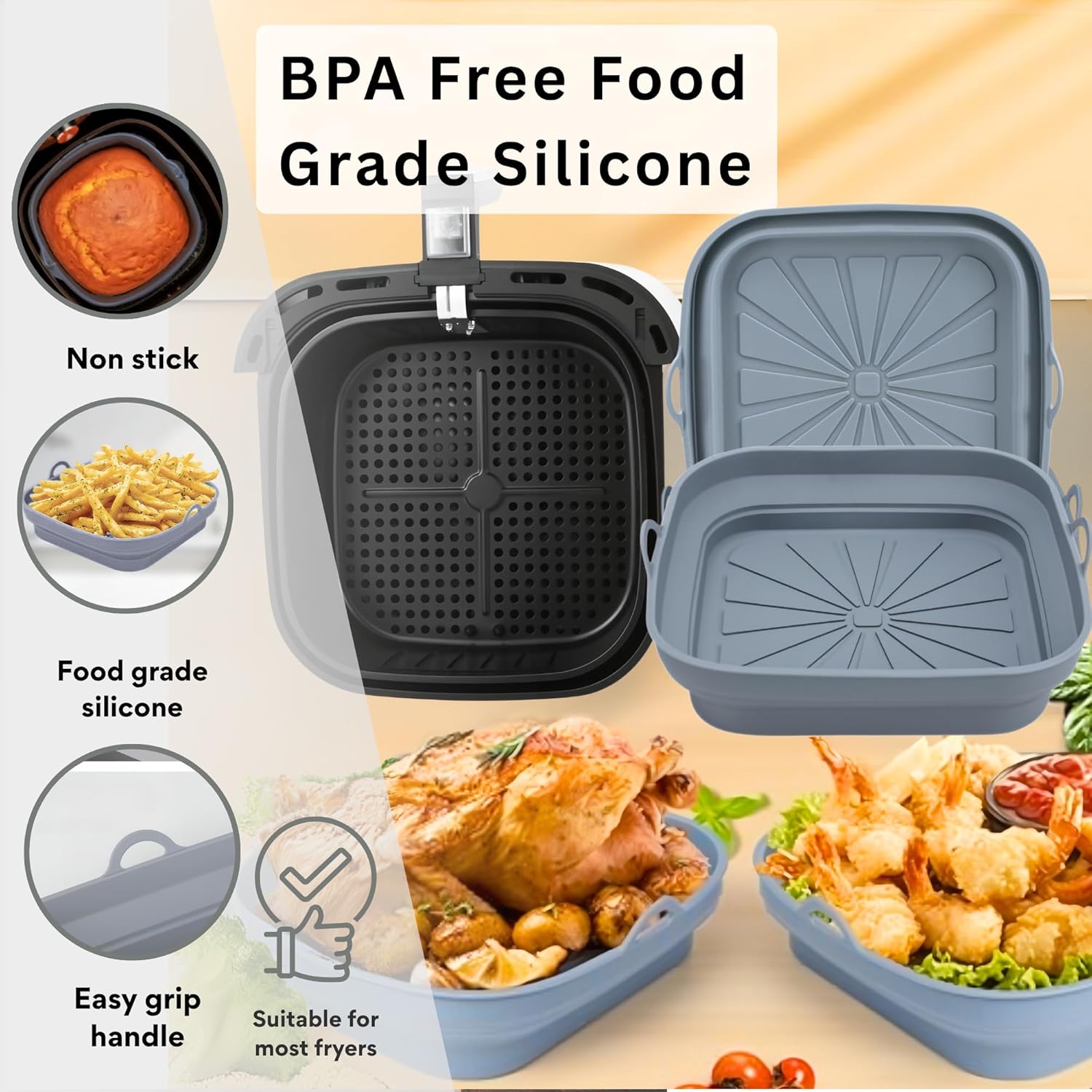 SAMIA 8 Inch Silicone Air Fryer Liners Set - 4 Piece Non-Stick, Dishwasher Safe Accessories with Basting Brush & Food Tong