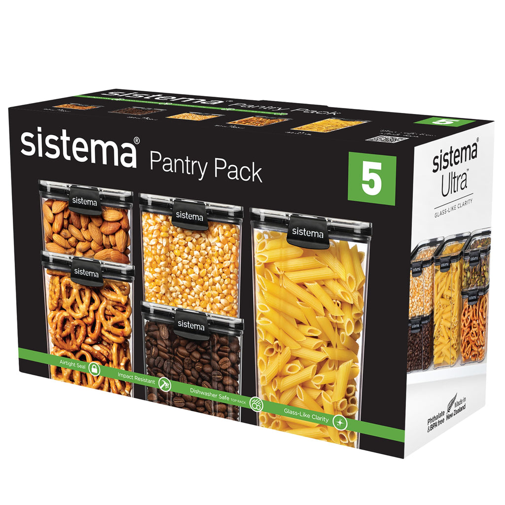 Sistema Tritan Ultra Airtight Pantry & Kitchen Storage Containers, 5-Pack, Clear Stackable Square Food Storage, BPA-Free, Dishwasher & Freezer-Safe (Microwave-Safe Without Lid)