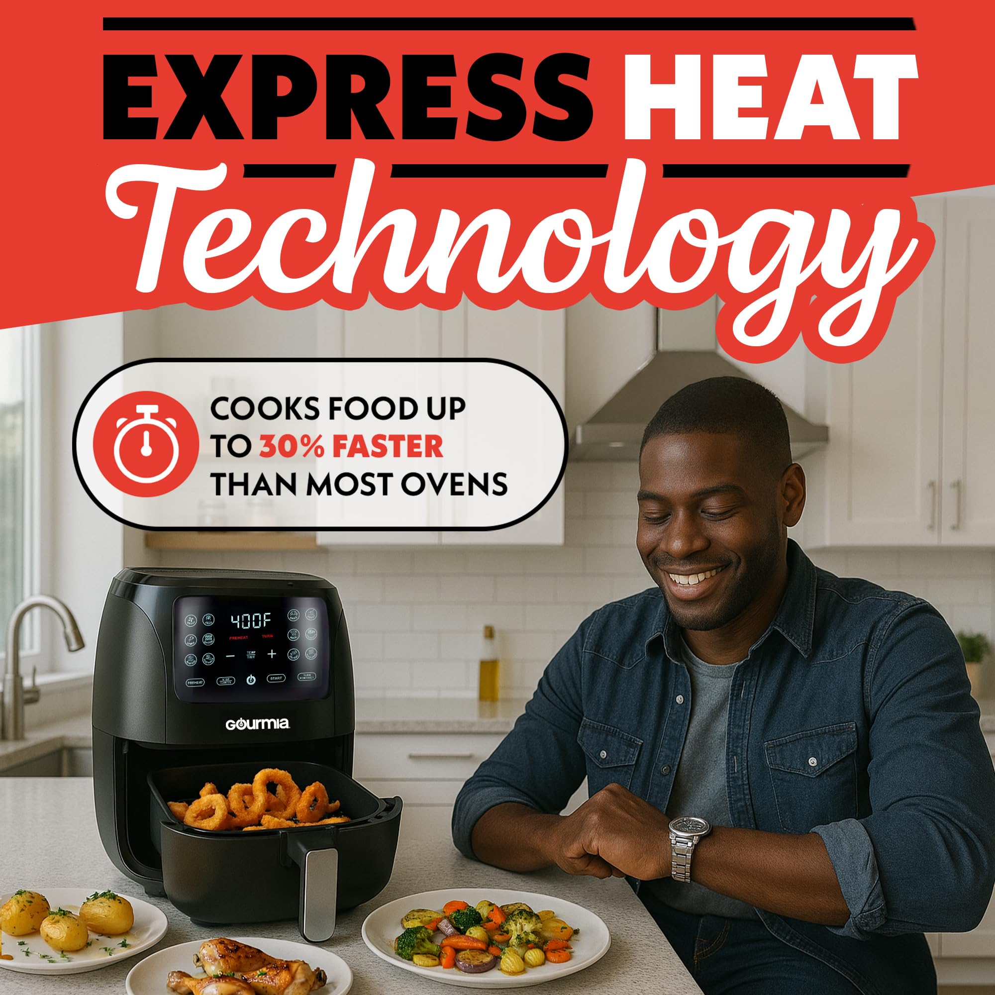 Gourmia Air Fryer - 6 Qt Large Capacity, FryForce 360º, Digital Display with 12 Presets, Roast, Bake, Broil, Dehydrate, Dishwasher Safe Accessories, Black
