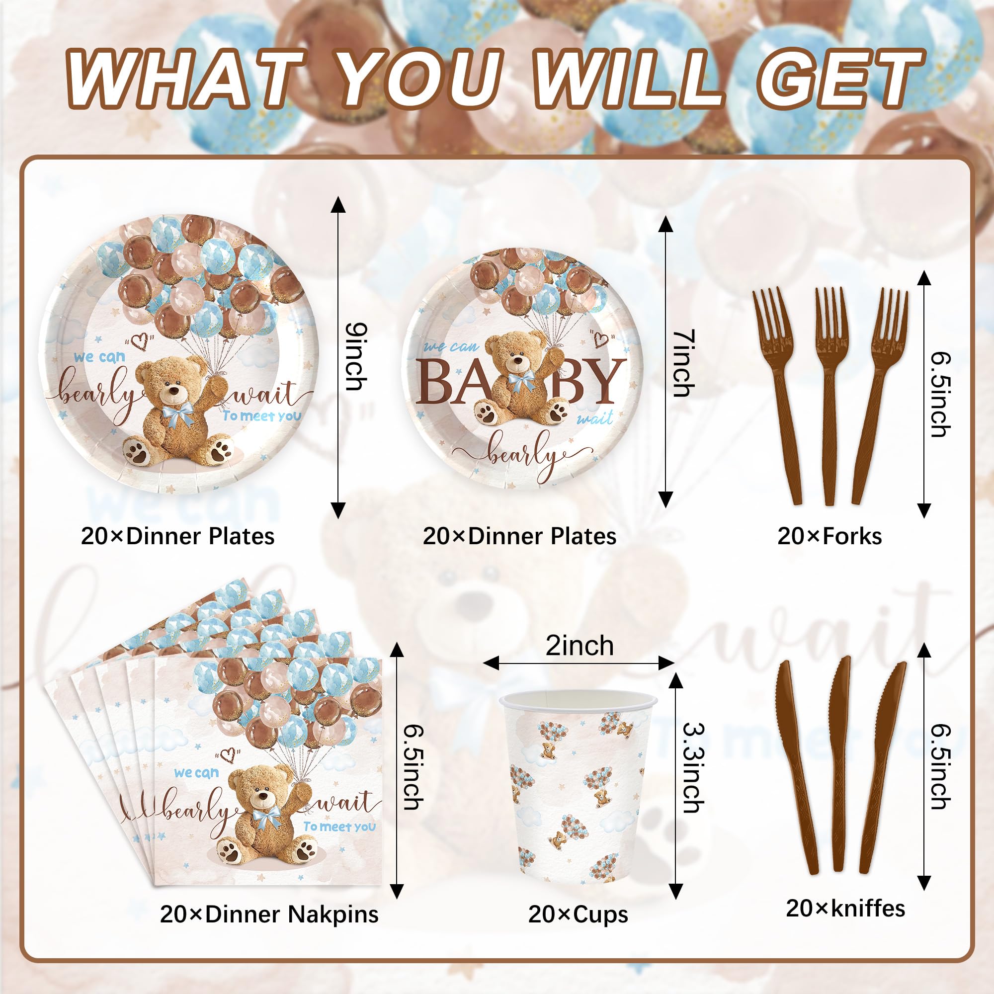 120PCS We Can Bearly Wait Party Supplies for Boys Girls Baby Shower Bear Themed Teddy Pregnancy Announcement Decorations Tableware Set Dessert Plates Napkins Cups Set for 20 Guests