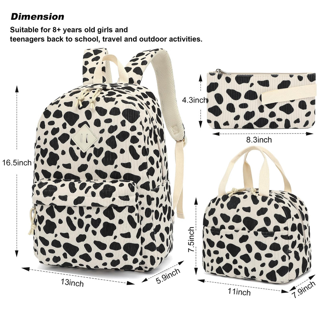 Yusudan Corduroy Girls Backpack Set, 3PCS School Backpacks for Kids Elementary Middle School Bags with Lunch Box Pencil Case (Beige Corduroy Cow Print)