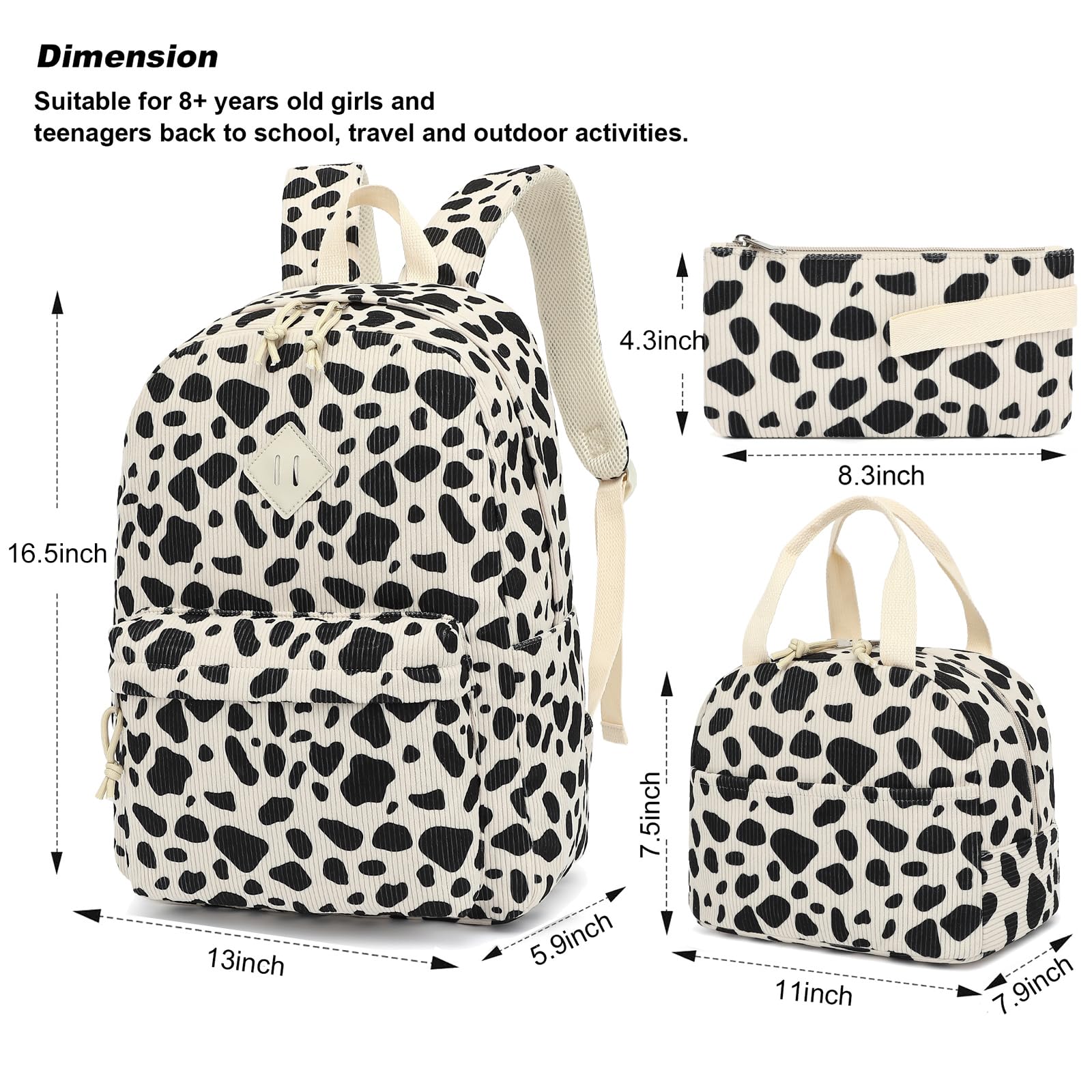 Yusudan Corduroy Girls Backpack Set, 3PCS School Backpacks for Kids Elementary Middle School Bags with Lunch Box Pencil Case (Beige Corduroy Cow Print)