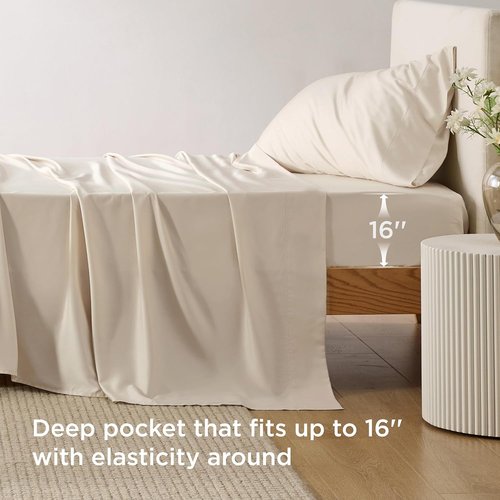Bedsure Cooling Sheets - Twin XL Bamboo Rayon, Breathable & Soft, Deep Pocket Up to 16 Inches, Light Beige