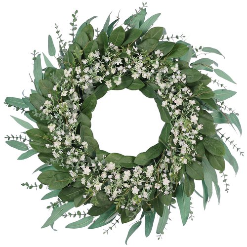 26'' Eucalyptus and Babys Breath Flowers Wreath for Front Door - Large Artificial Greenery Outdoor Wreath for Porch,Window,Farmhouse,Home,Hanging Decor- Spring, Summer, All Seasons (Green-White)