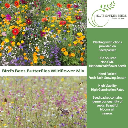 Isla’s Garden Seeds Wildflower Mix - 500+ Non-GMO Heirloom Seeds for Colorful Pollinator Blooms | Perfect for Garden Beds & Meadows