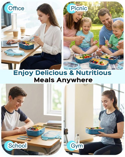 Lille Home 28oz Stainless Steel Leakproof 2-Compartment Bento Lunch Box/Portion Control Food Container with Lunch Bag and Cutlery Set, BPA Free (Light Blue)