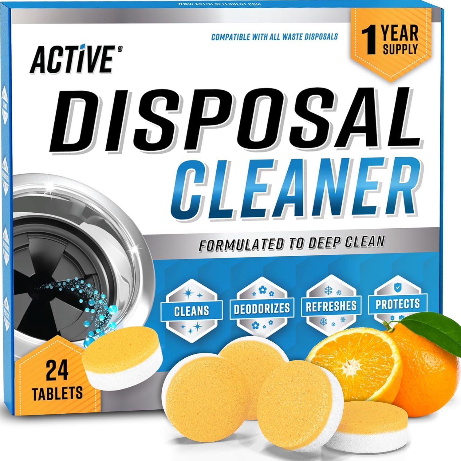 Powerful Garbage Disposal Cleaner Tablets by Fresh Citrus - 24 Pack XL Foaming Deodorizer for Kitchen Drain Care