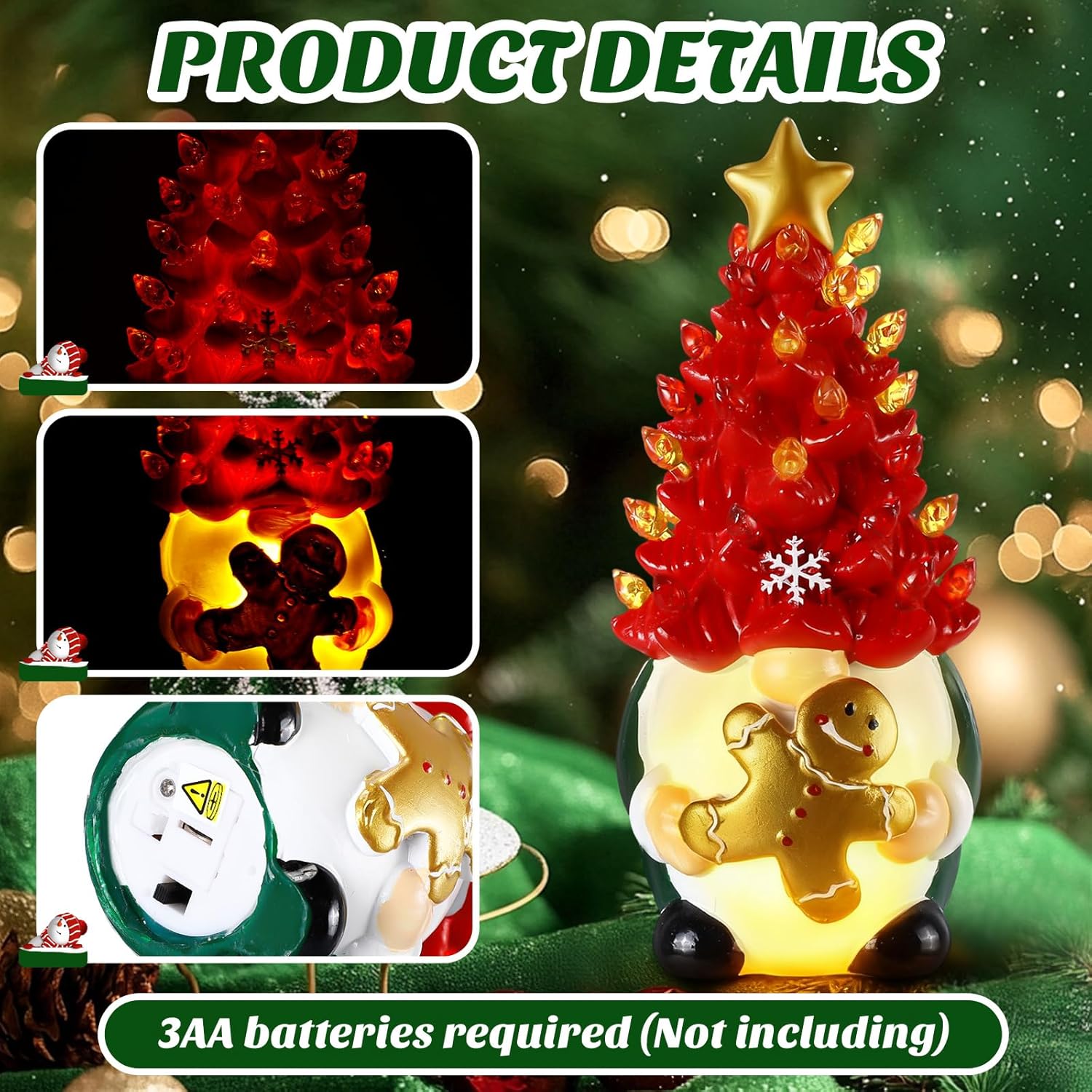 Riakrum Gnome Christmas Tree Decor - Lighted Gingerbread & Snowflakes | 6.5” Resin Indoor Centerpieces