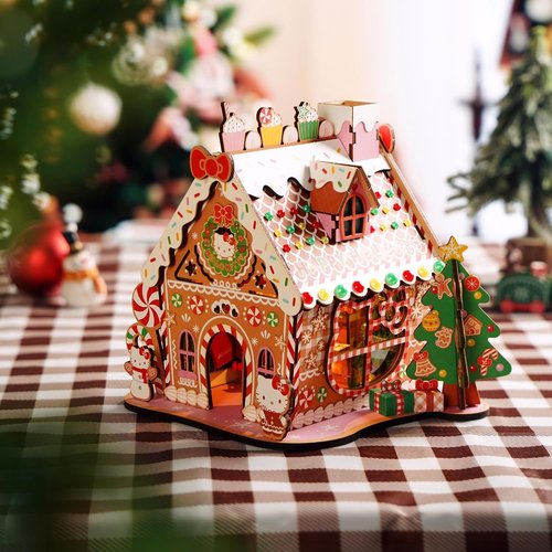 Hands Craft Hello Kitty Gingerbread House Kit - DIY Wooden 3D Puzzle for Holiday Decor | Fun Christmas Craft for Ages 14+