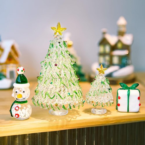 HDCRYSTALGIFTS Mini Blown Glass Christmas Figurines - Set of 4 Collectible Ornaments for Holiday Decor