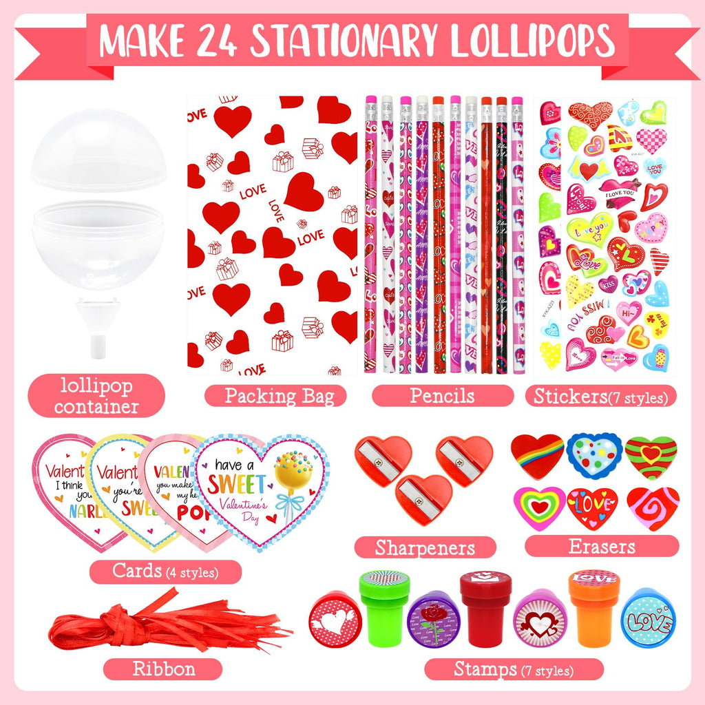 JJXUANER 24 Pack Valentines Day Gifts, Valentine's Day Gifts with Valentines Cards Pencils Stickers Erasers Stampers