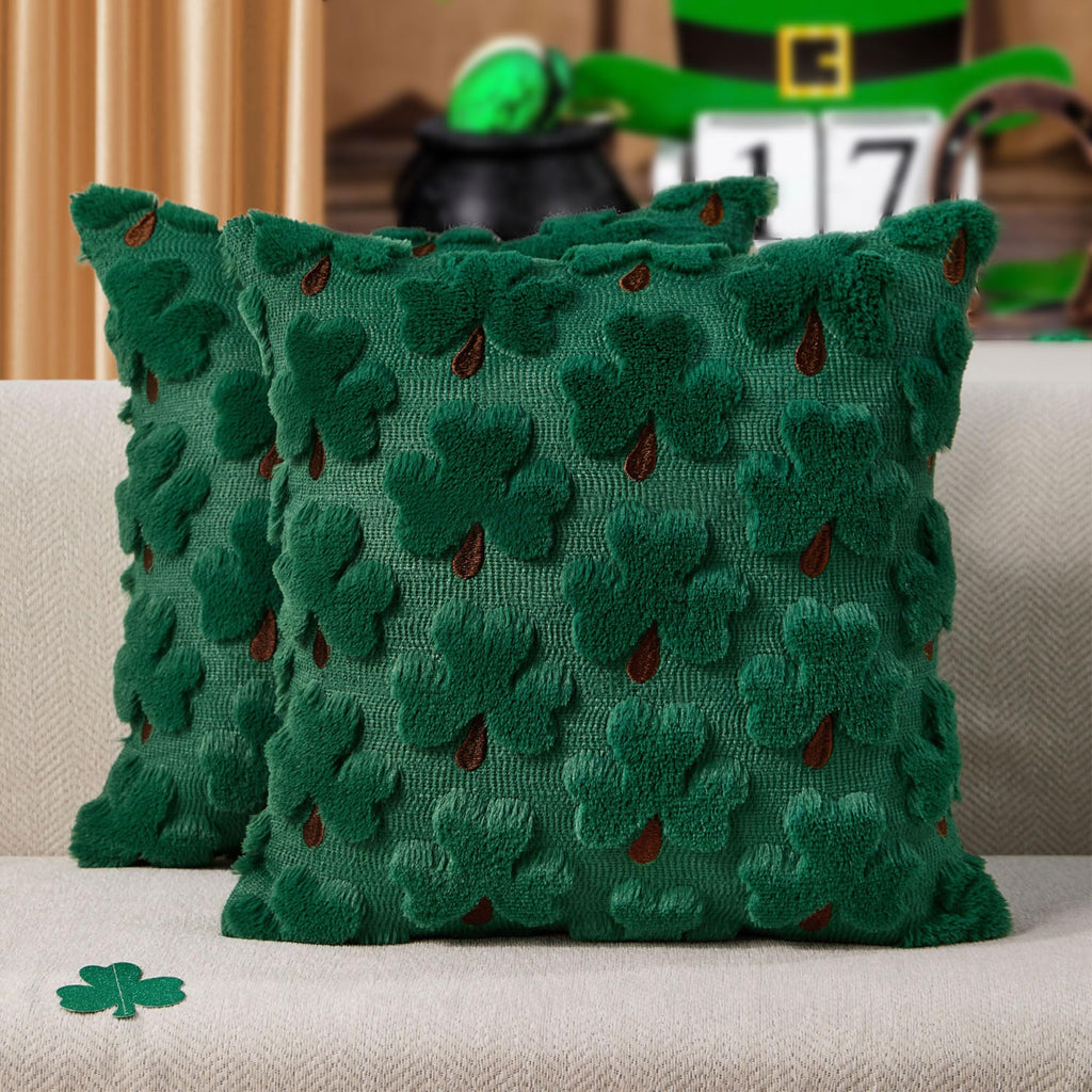 WKJZH St Patricks Day Pillow Covers 18x18 Inch Set of 2 Green Shamrock Brown Petioles Decorative Soft Plush Faux Wool Throw Pillows for Couch Sofa Bedroom Holiday Home Decor MRD03A45