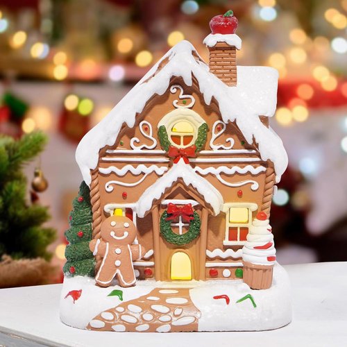 Hodao Gingerbread House Decoration - Handmade Polyresin Xmas Figurine for Winter Decor | Brown