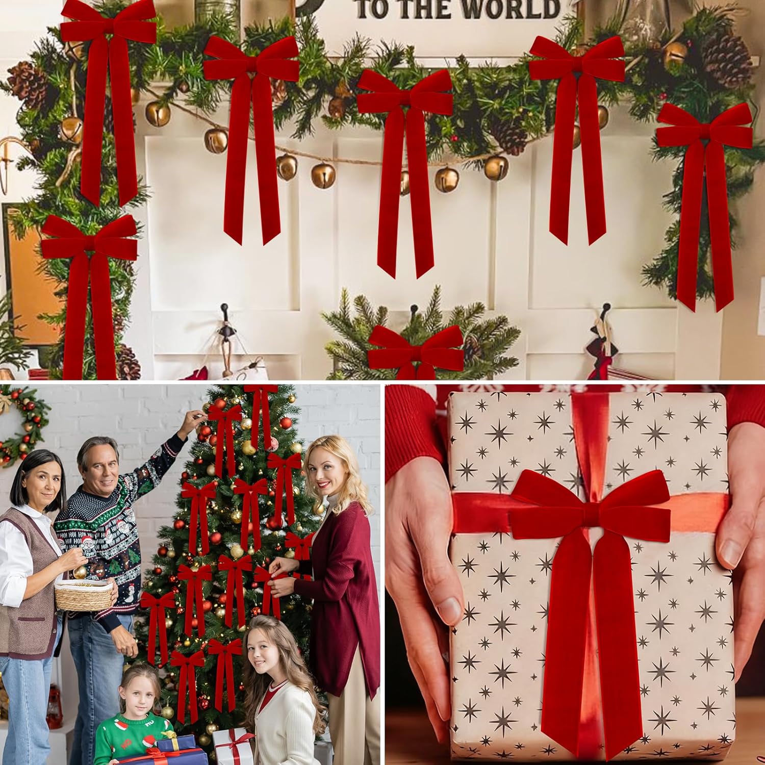 Regine Switzerland 12Pcs Red Velvet Ribbon Bows - 5in X 10in Christmas Tree & Wreath Decorations | Rustic Holiday Decor