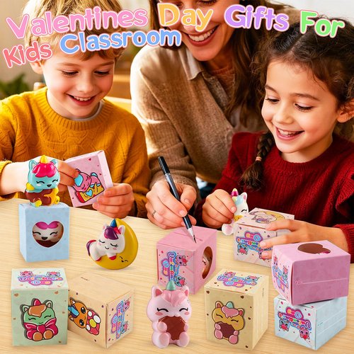 Ksmky Valentines Gifts for Kids Classroom, 24 Pack Prefilled Valentines Box with Cute Squishy Toys, Valentines Party Favors, Class Valentines for Kids Boys Girls, Classroom School Valentines Gifts
