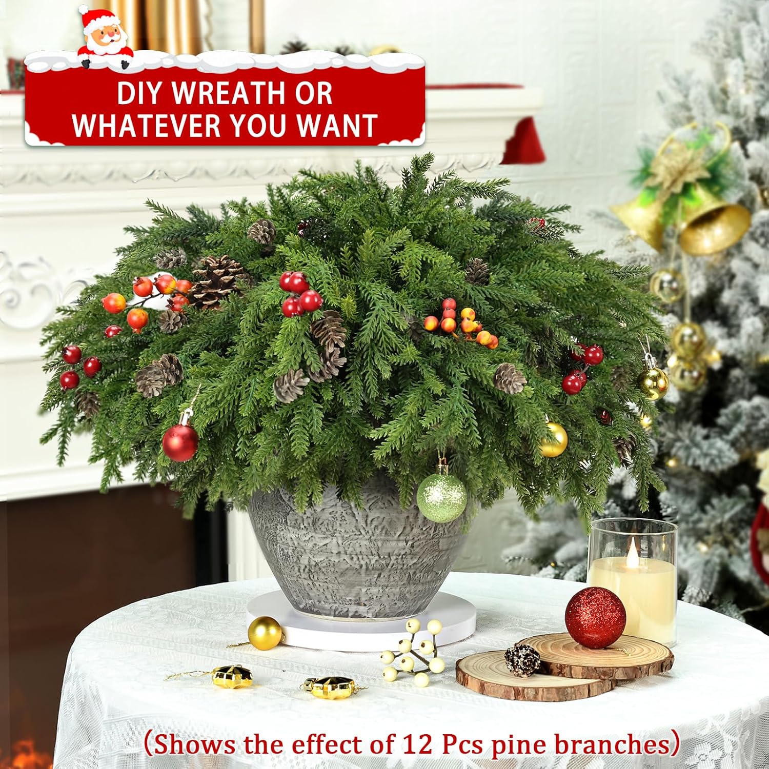 Skiennix Christmas Pine Stems - Realistic Artificial Greenery with Pinecones | 6 Pcs for Home Decor