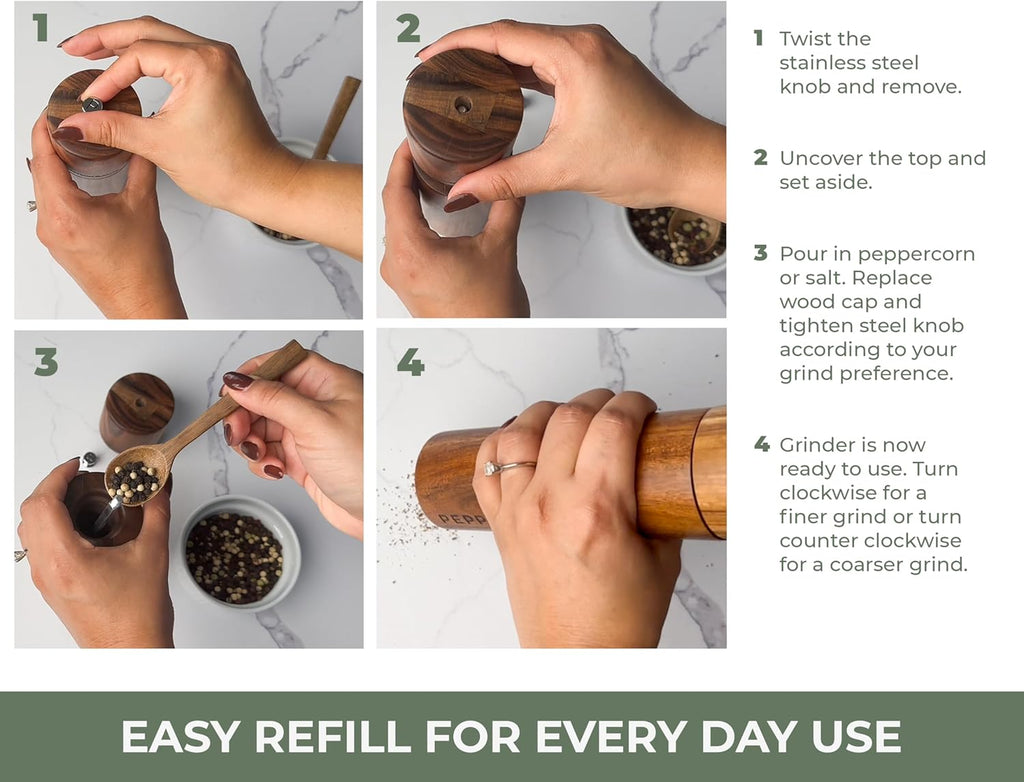 Saffron & Sage Acacia Wood Salt and Pepper Grinder Set | 8” Tall, Adjustable Coarse Settings, Rust Resistant