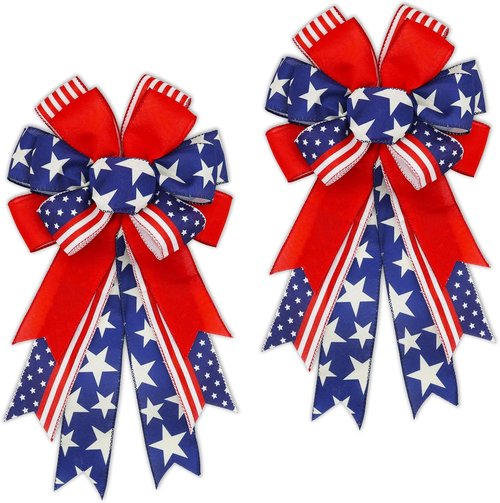 Large 4th of July Bows by [Brand Name] - Pre-Tied Patriotic Wired Ribbon Bows, 20x11 Inch, 2 Pack for Outdoor Decoration