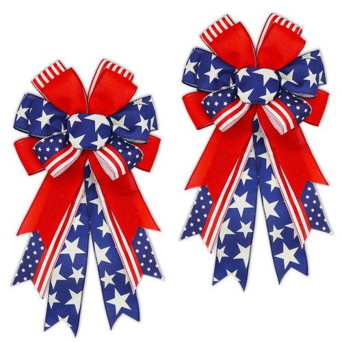 Large 4th of July Bows for Wreath 20x11 Inch, 2 Pack Pre-Tied Patriotic Wired Ribbon Bow, Independence Day, Memorial Day, Tree Topper Bow for Front Door Outdoor Decoration (Blue)