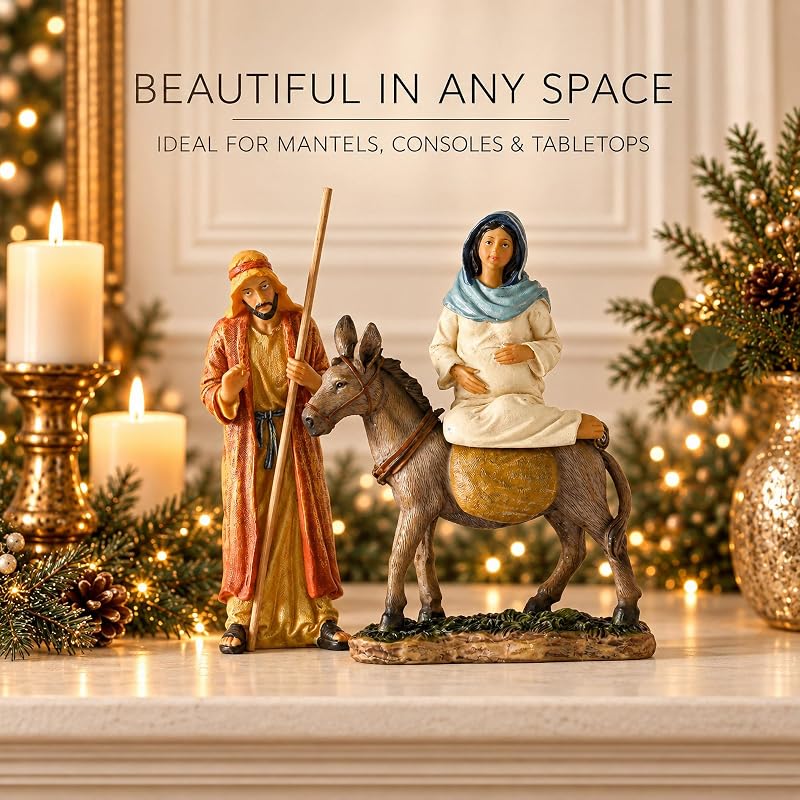 Traveling Holy Family Nativity Figurine Set – 7 Inch Mary Joseph & Donkey, La Posada Christmas Display