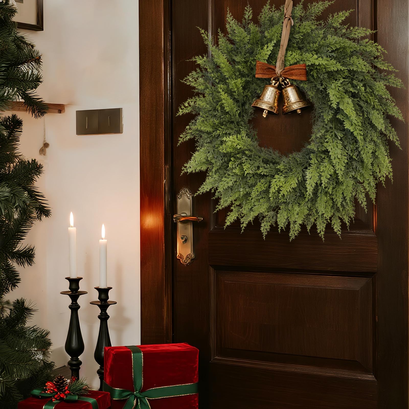 24" Soft Textured Christmas Cedar Wreath - Artificial Cedar Wreaths Faux Green Fake Pine Needles Wreath for Front Door, Wall, Windows, Home,Outdoor,Xmas Decor