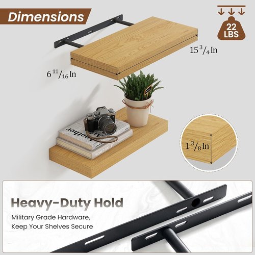 Heimlove 16-Inch Floating Shelves - Wall-Mounted Oak Wood Shelves for Bathroom, Bedroom & Office | Set of 2