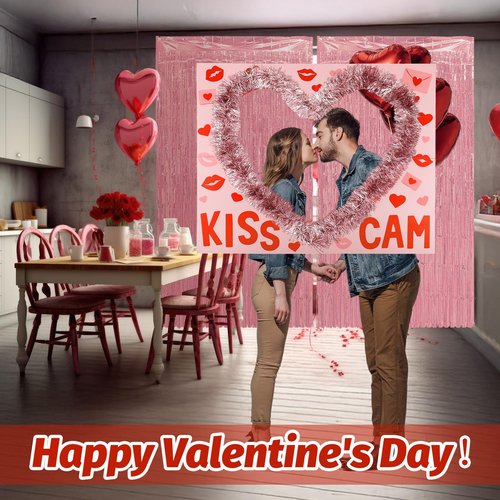 Soulchen 32 x 25 Inch Valentine's Day Photo Backdrop Booth Props Set Galentines Photo Backdrop Conversation Hearts Frame Decor with Pink Tassel Garland and Curtains Wedding Party Decoration