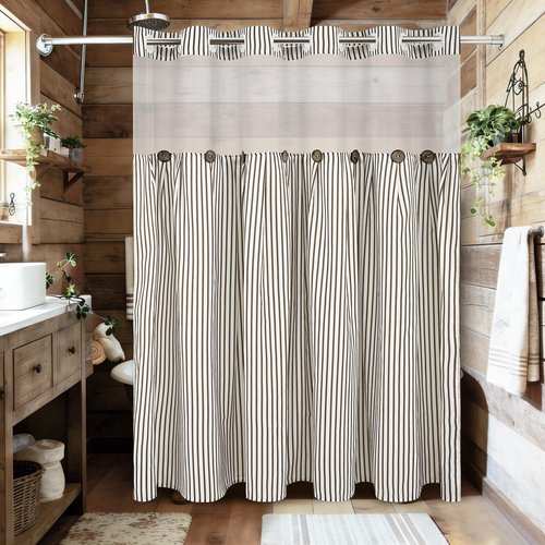 ASPMIZ Farmhouse Shower Curtain and Liner Set, No Hook Shower Curtain with Snap in Liner Fabric, Rustic Washable Waterproof Bathroom Curtains with Button, Mesh Top Window, Brown Striped, 71"x 74"