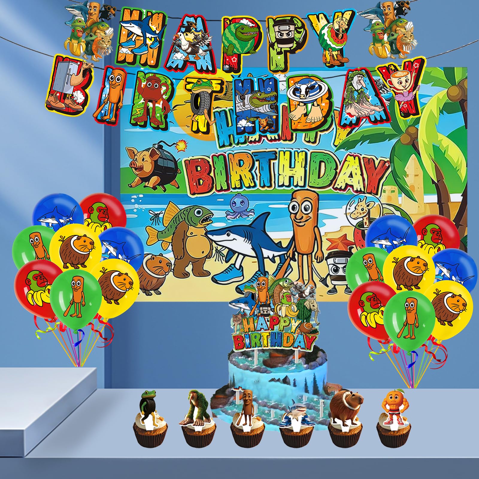 25PCS Italian Brainrot Cupcake Toppers,Tralalero Tralala Shark Cake Toppers Set Happy Birthday Decorations,Brain Rot Party Decor Animal Theme for Kids