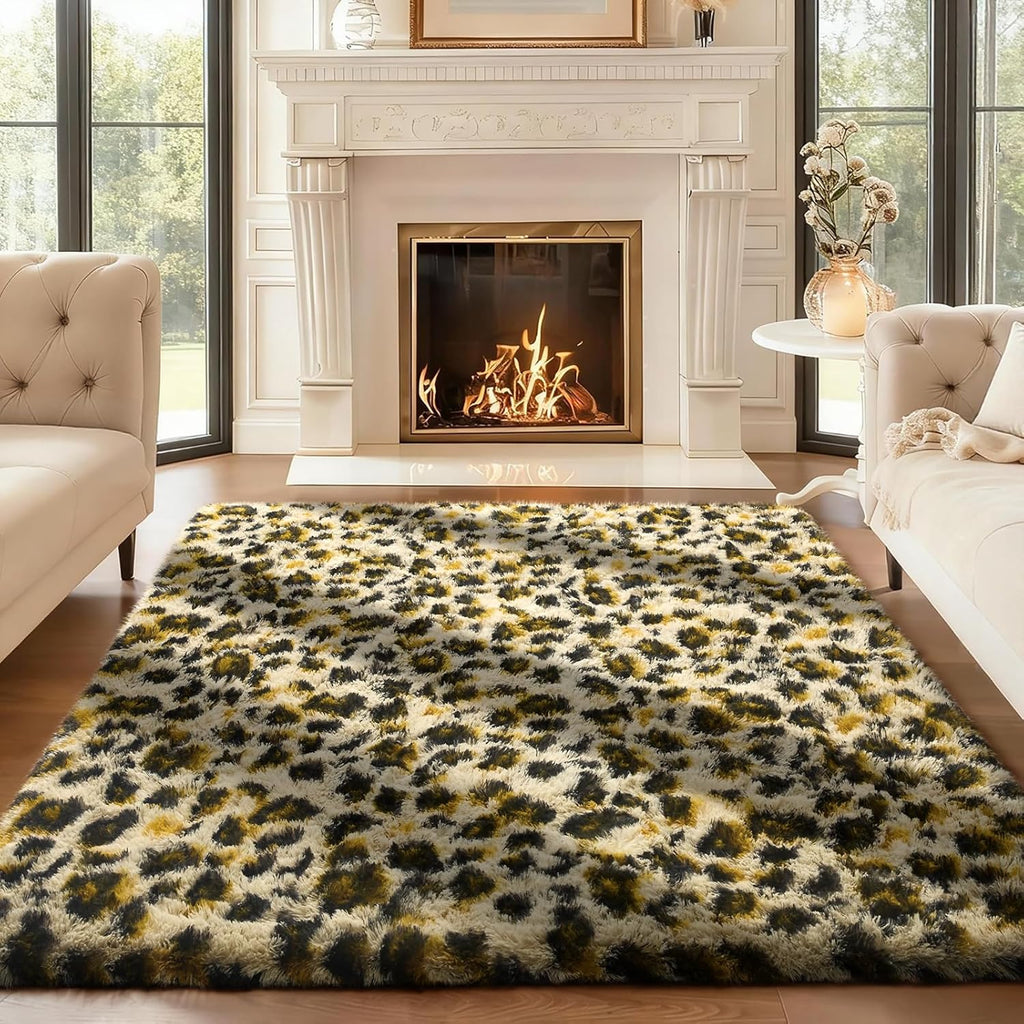 Ophanie Leopard Print Rug - Fluffy Shaggy Soft Throw for Bedroom & Living Room | Large 4x6 Size