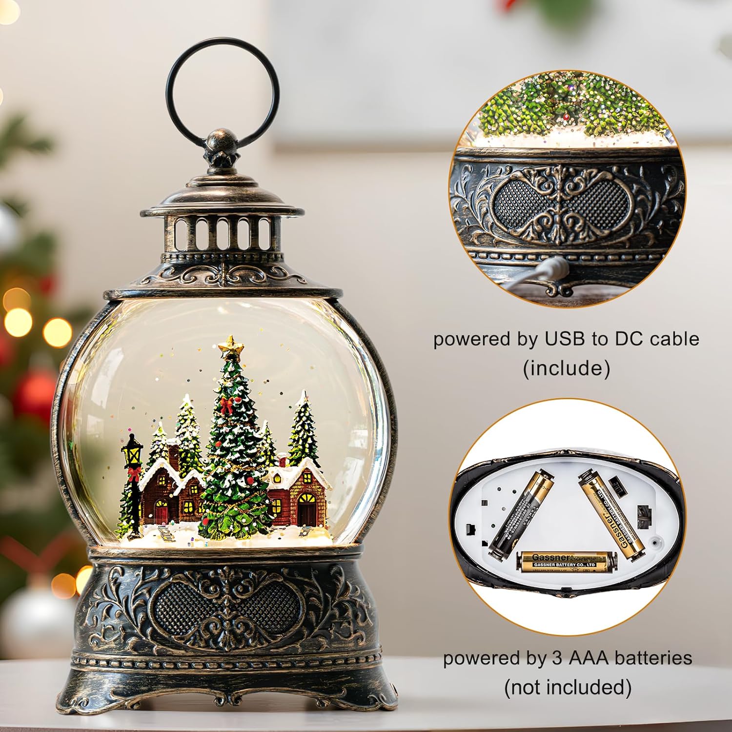 Regine Switzerland Christmas Snow Globe Lantern - Musical Water Lantern with Timer & USB/Battery Operated | Festive Village Decor