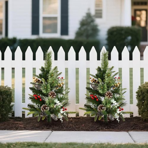 Pre-Lit Pathway Christmas Tree(2 Pack), Artificial Christmas Urn Filler with LED Lights, Golden & Red Berries, Pine Cones, Outdoor Light Up Planter Filler Holiday Home Decor