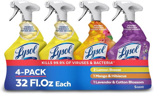 Lysol All-Purpose Cleaner Spray - Multi-Purpose Disinfectant for Kitchen & Bathroom | Lemon Breeze, Lavender & Mango Scents | 32oz (Pack of 4)