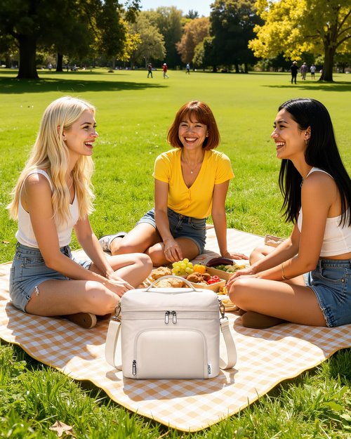 HOTOR Lunch Box for Women - Insulated Lunch Bag with Spacious 8L Capacity, PU Leather Cooler Bag, Water-Resistant & Easy to Clean, Ideal for Work or Everyday Use, Beige, 10.0" x 8.6"x 5.9"