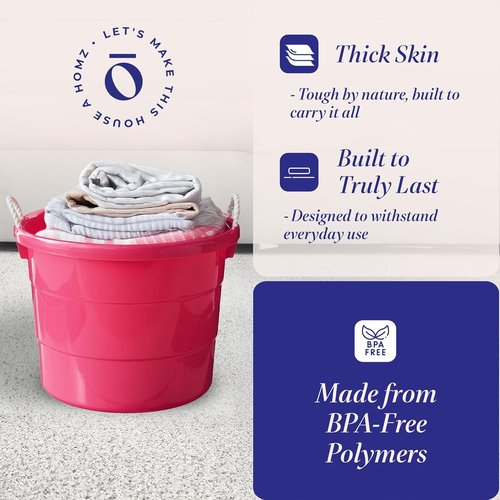 HOMZ 18 Gallon Utility Tub - Large Pink Plastic Storage Bucket with Rope Handles for Indoor/Outdoor Use